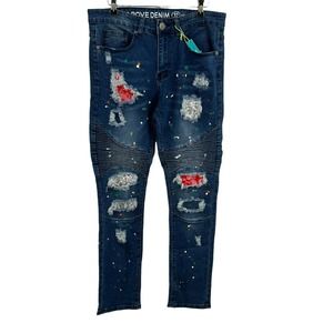 Above Denim Skinny Dark Blue Moto Ripped Patch Look Size 32 x 32 New